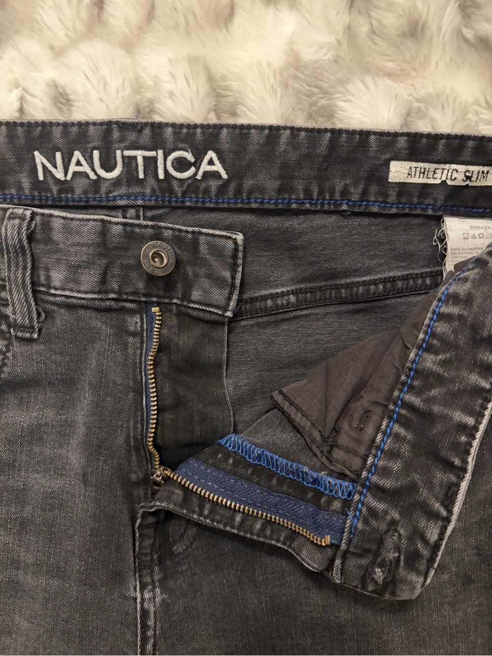 Nautica Men's Slim Dark Gray Jeans with Blue Stitch Accents